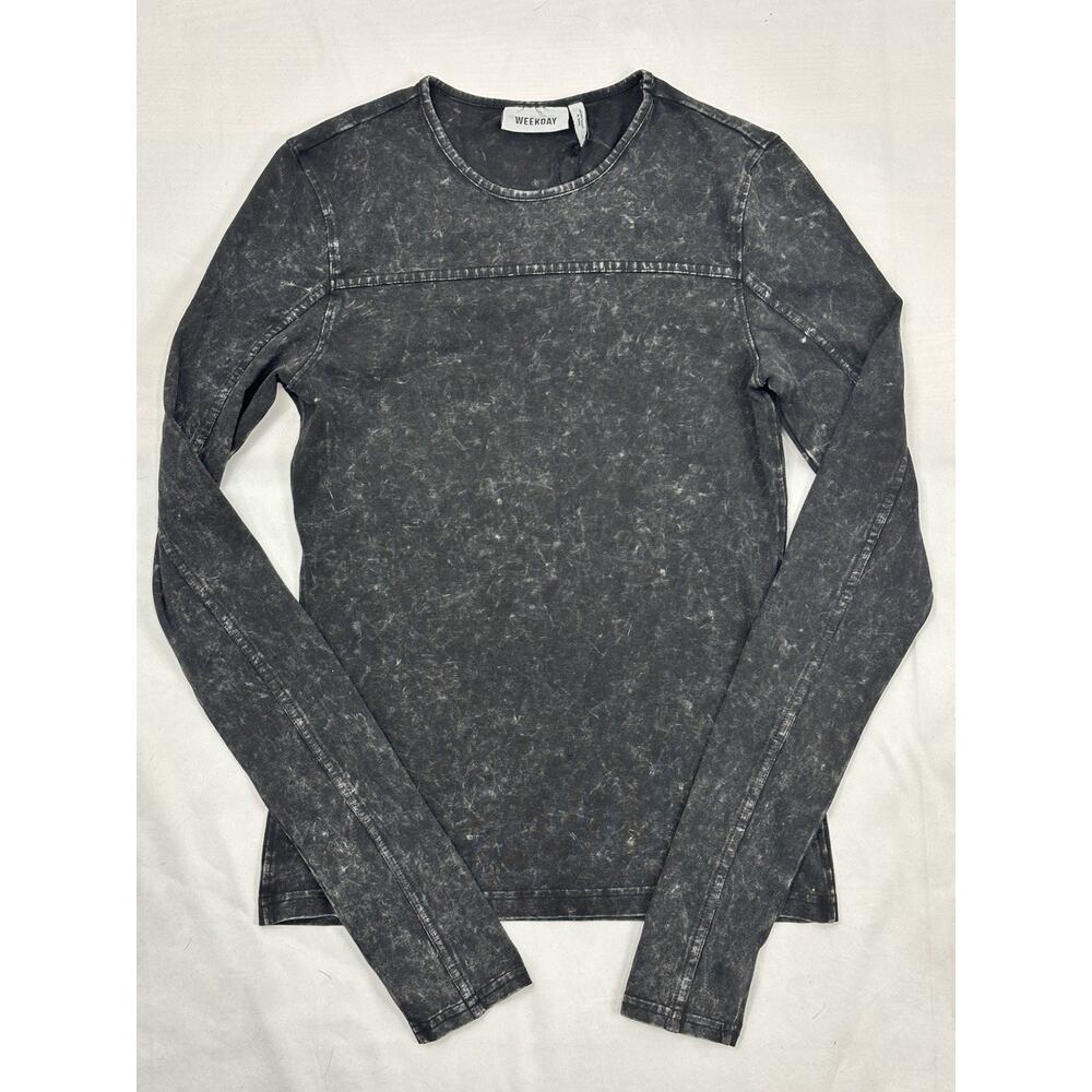 Weekday Pace Long Sleeve Top Acid Wash Black Ribbed Edgy Streetwear Size S NWT